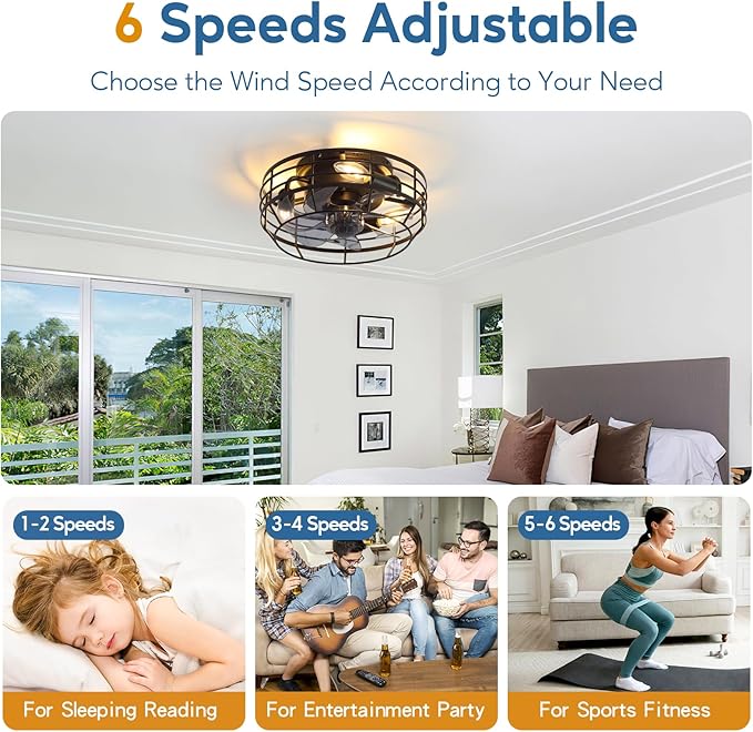 Farmhouse Caged Ceiling Fan with Light, Bladeless Flush Mount Fan Lights Ceiling Fixtures with Remote, 12 in 6 Speeds Indooor Lights for Kitchen, Living Room, Bedroom, Black