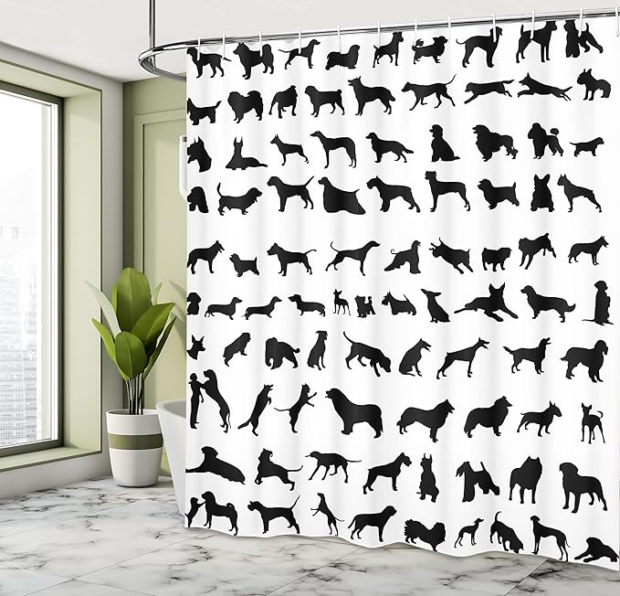 Ambesonne Dog Lover Shower Curtain, Silhouettes of Different Breeds of Dogs Chow Chow Shepherd Pinscher Spaniel, Cloth Fabric Bathroom Decor Set with Hooks, 69" W X 75" L, White Charcoal