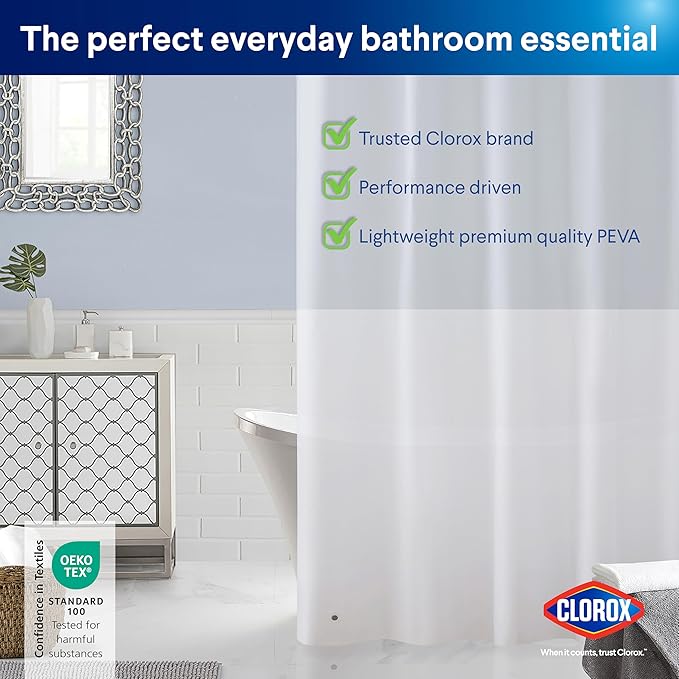 Clorox Shower Curtain Liner, Premium Lightweight Durable Waterproof 4g PEVA for Bathroom with Weighted Magnets, Standard Size 70" x 72", Frosty 2 Pack