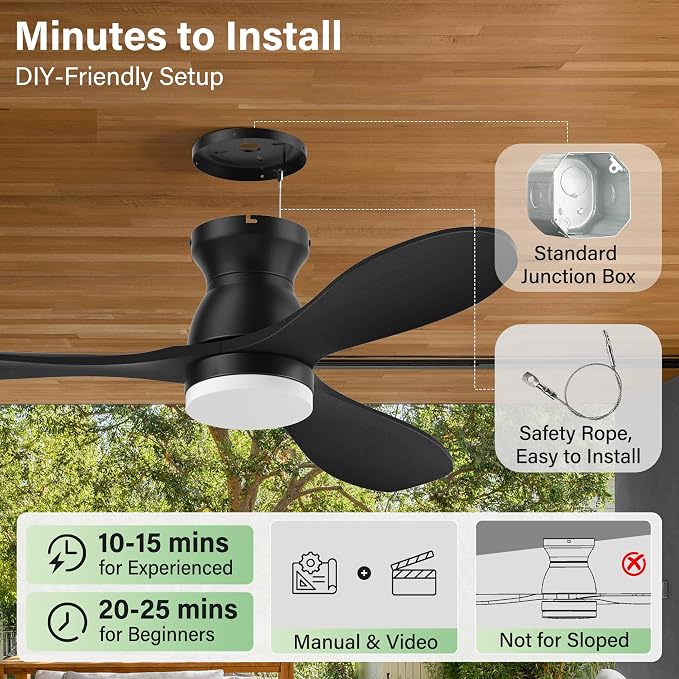 52" Wood Ceiling Fans with Lights Remote,Smart Control via Alexa App,Quiet DC Motor,Flush Mount Low Profile Ceiling Fan for Modern Bedroom,Living Room,Patio,Outdoor Indoor,Matte Black,Dimmable,6-Speed