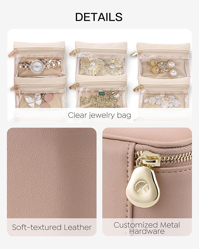 VLANDO Jewelry Travel Case,Travel Jewelry Organizer with Clear Velvet Jewelry Bags 12Pcs Zipper Pouch for Women Wedding Gifts for Friends Sister-Khaki