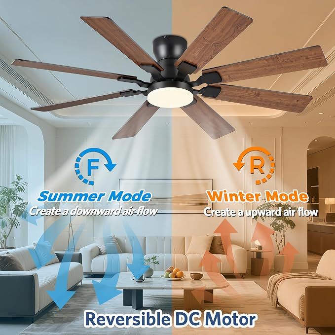 JSAITEE 52Inch Ceiling Fan with Lights, Flush Mount Low Profile, Brown | Ceiling Fans,DC Reversible Motor Noiseless, 3CCT Dimmable, Dual Finish, 6 Speeds Ceiling Fan for Indoor/Outdoor