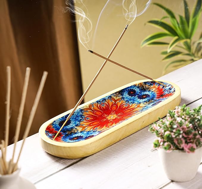 Bless-International Traditional-Handmade-Tray-Burner Wooden-Trat-Incense-Stick-Holder Ash-Catcher-Stand for-Aromatherapy-Meditation-Yoga (Abstract Flowers, 11x4x1.22 Inches)