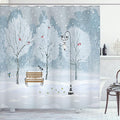 Ambesonne Christmas Shower Curtain, Snow Falling in The Park on a Cold Winter Day Birds Xmas Season Theme Picture, Cloth Fabric Bathroom Decor Set with Hooks, 69" W x 84" L, Blue and White
