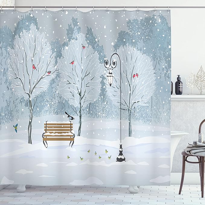 Ambesonne Christmas Shower Curtain, Snow Falling in The Park on a Cold Winter Day Birds Xmas Season Theme Picture, Cloth Fabric Bathroom Decor Set with Hooks, 69" W x 84" L, Blue and White