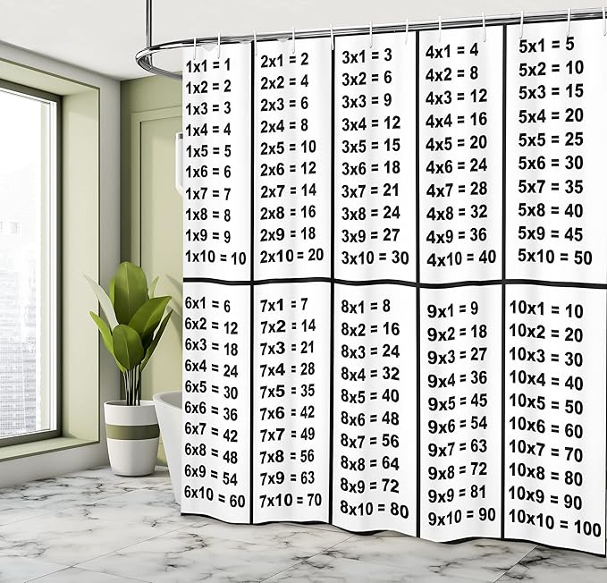 Ambesonne Mathematics Room Shower Curtain, Calculation Table of Multiplication Algebra Study Chart Count, Cloth Fabric Bathroom Decor Set with Hooks, 69" W x 75" L, White Black
