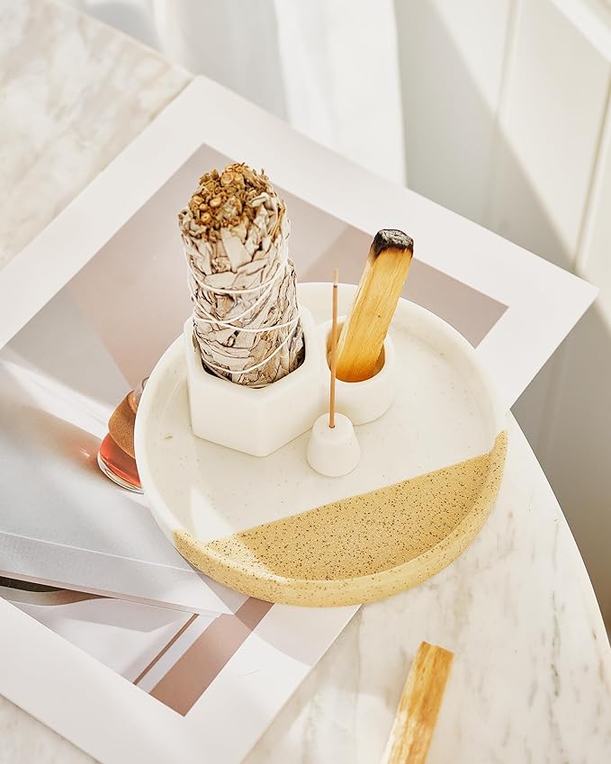 4 in 1 Incense Holder, 5.6" Ceramic Smudge Tray, Sage Holder, Palo Santo Holder, Incense Holder for Sticks, Smudging Burner, Ideal for Smudging Meditation Yoga Room, Simple, Sturdy