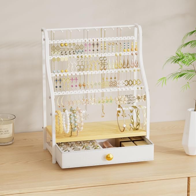 SWTYMIKI Earring Holder Organizer - Jewelry Organizer Stand with Necklace Hooks, Watch Rods, Nonwoven Drawer, Large Capacity Jewelry Display for Stud Earring Bracelet Necklace Ring, White