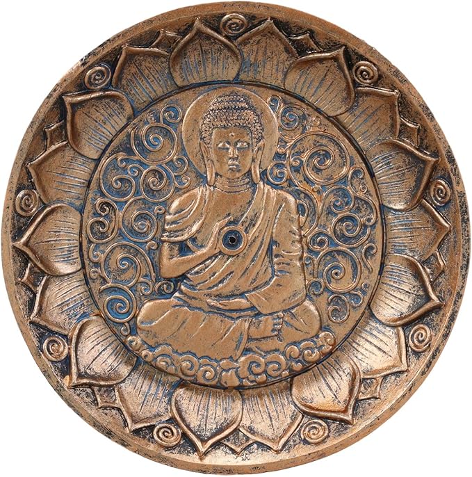 Ebros Gift Meditation of Shakyamuni Buddha Mini Incense Stick Holder Burner Round Dish Medallion Figurine 5" Diameter Zen Feng Shui Vastu Home Fragrance Tabletop Altar Decor