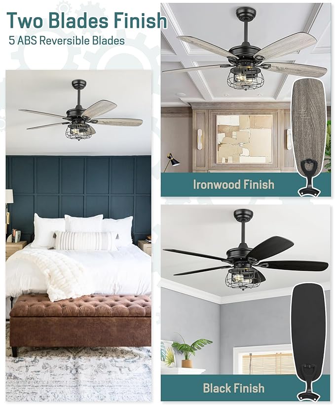 Melkelen Farmhouse Ceiling Fans, 52 Inch Ceiling Fans with Lights and Remote Control, Rustic Barnwood Blades, Industrial Cage Light, Matte Black (MK03-BK)