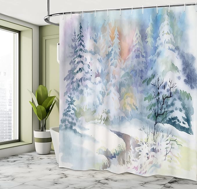 Ambesonne Winter Shower Curtain, Watercolor Painting Interpretation of a Snowy Scene and Blurred Pattern, Cloth Fabric Bathroom Decor Set with Hooks, 69" W x 75" L, Mauve Blue