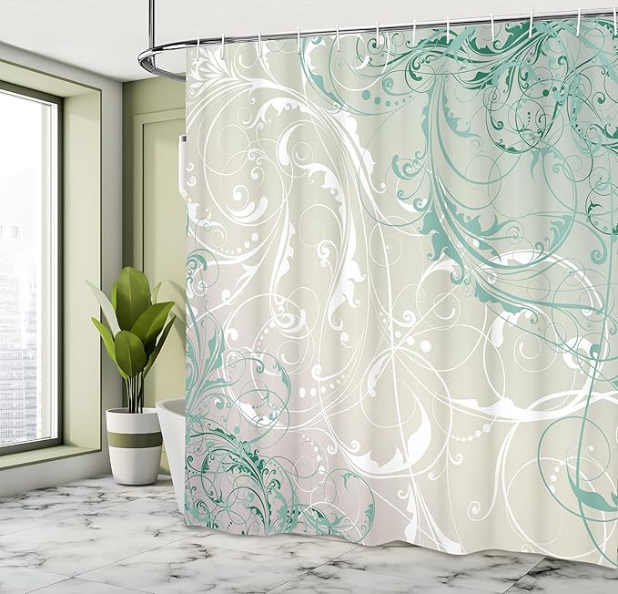Ambesonne Floral Shower Curtain, Baroque Swirl Branches Curved Flower Leaves Shabby Form Nature Pattern, Cloth Fabric Bathroom Decor Set with Hooks, 69" W x 70" L, Coconut Seafoam