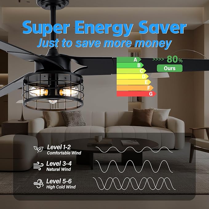 Chandelier Ceiling Fans With Lights And Remote,60 Inch Caged Ceiling Fan With Light,App 3 Blades E26 Fandelier Ceiling Fans With Lights,Crystal Ceiling Fan For Bedroom,Living Room. (Black)