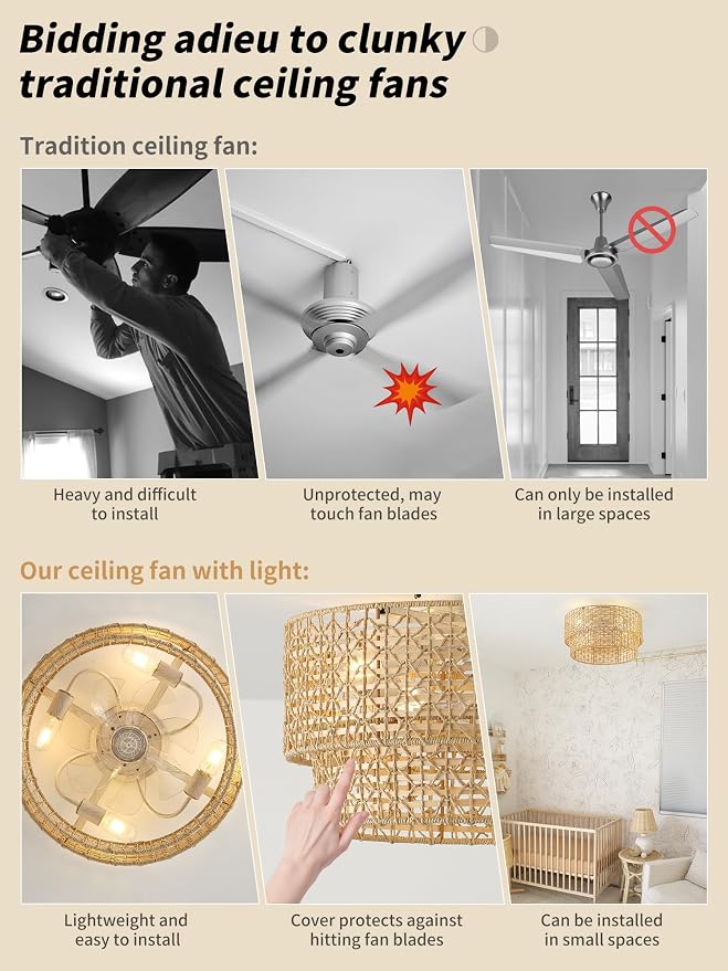 Flush Mount Ceiling Fan with Lights Low Profile, 20" Rattan Boho Ceiling Fan with Light Remote Control, Bladeless Caged with 6 Speeds for Bedroom, Living Room, Nursery