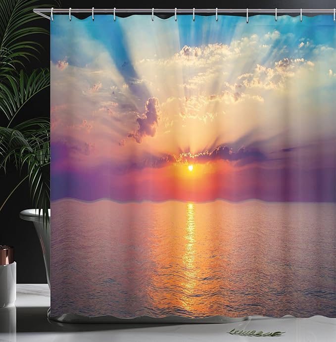 Ambesonne Ocean Shower Curtain, Majestic Sunrise in Tranquil Sea Horizon Dawn Rays Clouds Water Reflection, Cloth Fabric Bathroom Decor Set with Hooks, 69" W x 84" L, Orange Purple Blue