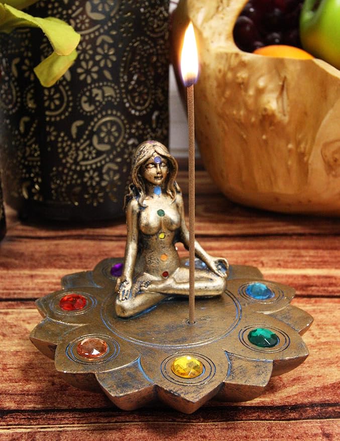 Ebros Gift Sacred Moon Feminine Triple Goddess Yoga Meditation with Chakra Zone Color Beads Lotus Flower Incense Stick Holder Burner Figurine Zen Feng Shui Vastu Home Fragrance Tabletop Altar Decor