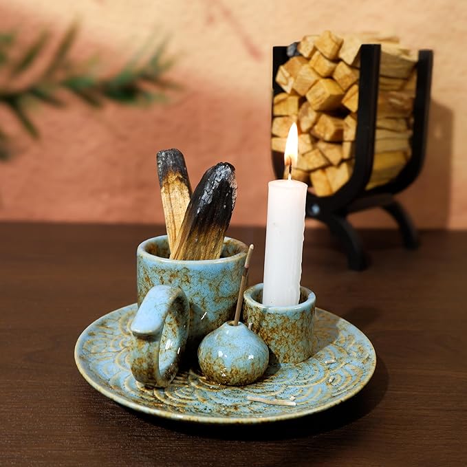 MOUGIGI 5-in-1 Ceramic Palo Santo Burner Holder Blue -Small Candle Holder & Smudge Burning Tray Bowl,Fits Incense Sticks/Cones, Sage.Zen Altar for Meditation Room, Aromatic Scents, Matches Compatible