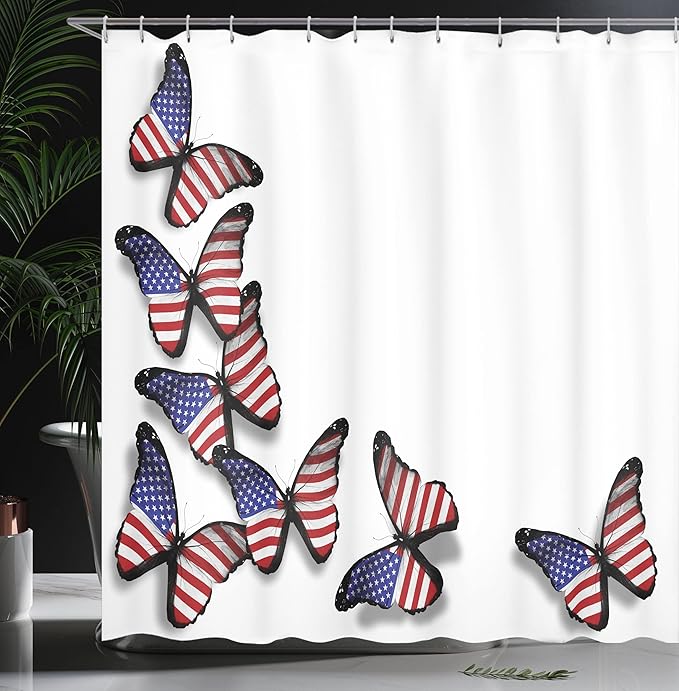 Ambesonne Americana Shower Curtain, American Flag in Flying Butterflies Freedom Patriotism Spring Inspired Design, Cloth Fabric Bathroom Decor Set with Hooks, 69" W x 70" L, Red White Blue