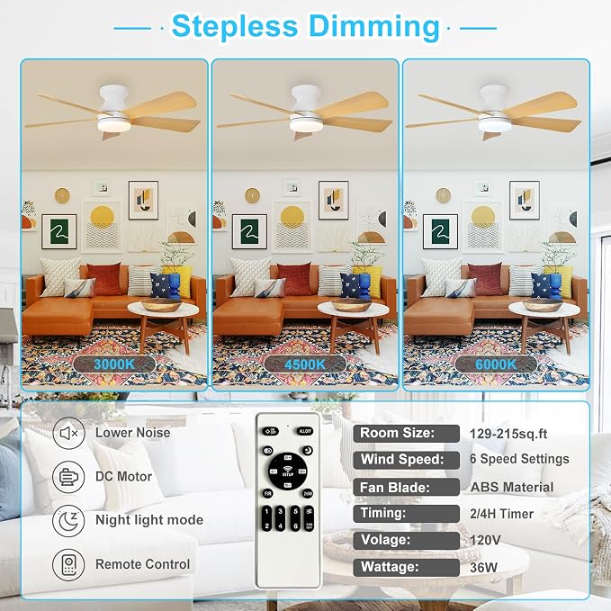 Depuley Modern Ceiling Fan with Light: 42-Inch White Small Fans for Bedroom Indoor Outdoor - Dimmable Low Profile Ceiling Fans with Remote Control Flush Mount 5 Reversible Wood Blades 6 Speeds Timer