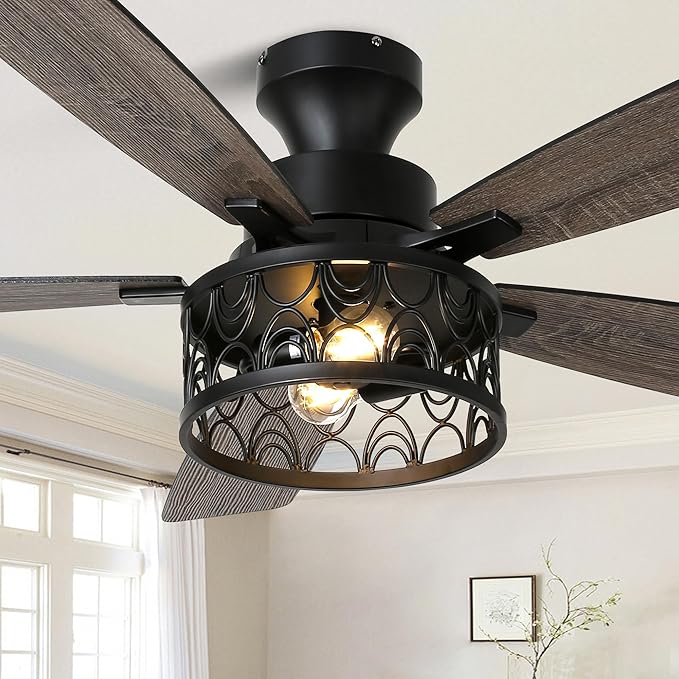 52" Farmhouse Ceiling Fan with Lights Flush Mount Metal Caged | Remote Control Rustic Fandelier, Low Profile Chandelier Fan for Bedroom Dining Room, 5 Dual Blades, Reversible Quiet DC Motor