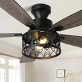 52" Farmhouse Ceiling Fan with Lights Flush Mount Metal Caged | Remote Control Rustic Fandelier, Low Profile Chandelier Fan for Bedroom Dining Room, 5 Dual Blades, Reversible Quiet DC Motor