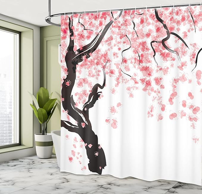 Ambesonne Floral Shower Curtain, Dogwood Tree Blossom in Watercolor Painting Effect Spring Season Theme Pinkish Tones, Cloth Fabric Bathroom Decor Set with Hooks, 69" W x 70" L, Black Pink