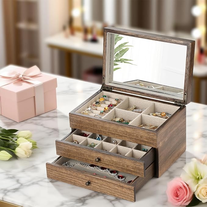 Meangood Jewelry Box Organizer for Women, 3 Layer Large Jewelry Storage Case, Rustic Wooden Jewelry Box with Mirror & Ring Tray for Necklace Earring Bracelets Rings, Vintage Style (Walnut)