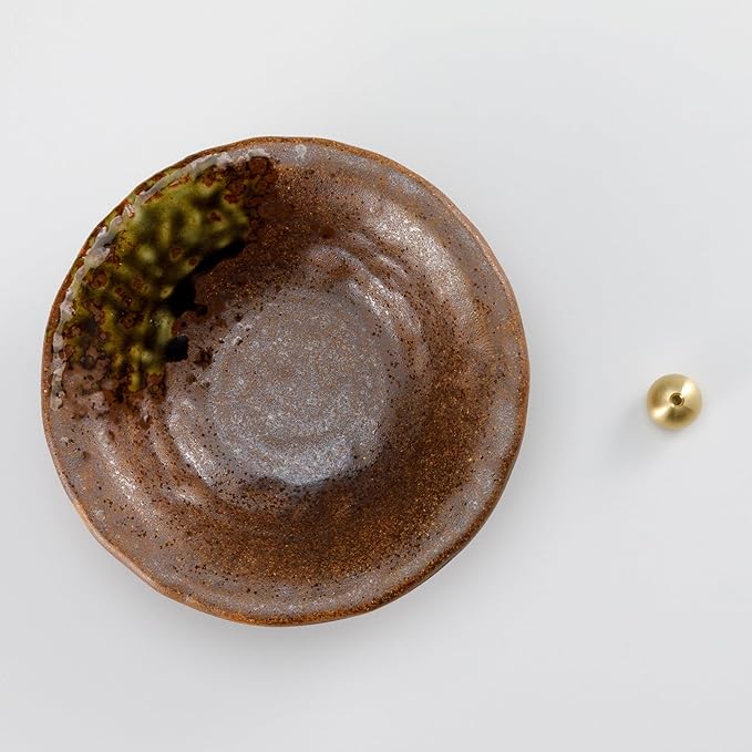 Asayu Japanese Small Incense Holder for Sticks 4.88 inch (124mm), Traditional Made in Japan Ceramic Ash Catcher and Brass Incense Burner Set - Brown
