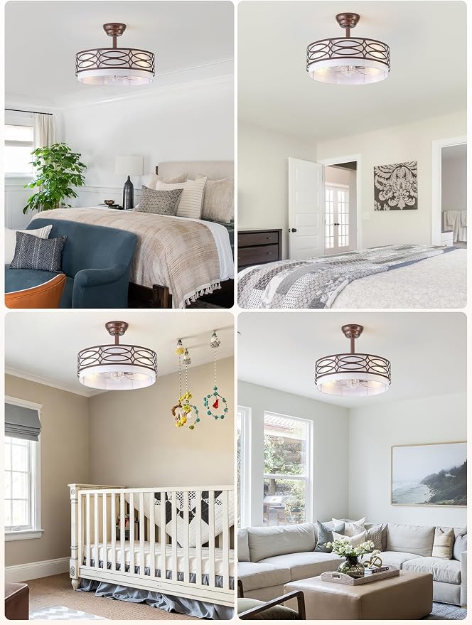 20" Brown Farmhouse Ceiling Fan with Light, Caged Fandelier Ceiling Fans with Lights Remote Control with 6 Speeds for Bedroom, Living Room, Nursery