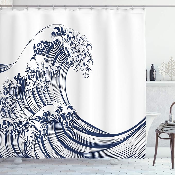 Ambesonne Japanese Wave Shower Curtain, Oriental Vintage Wave Monochrome Kanagawa Inspired Antique Art, Cloth Fabric Bathroom Decor Set with Hooks, 69" W x 70" L, Navy Blue