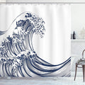 Ambesonne Japanese Wave Shower Curtain, Oriental Vintage Wave Monochrome Kanagawa Inspired Antique Art, Cloth Fabric Bathroom Decor Set with Hooks, 69" W x 70" L, Navy Blue