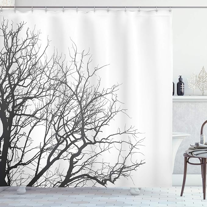 Ambesonne Black and White Shower Curtain, Leafless Branches of a Tree in Autumn Dramatic November Days Out Twigs, Cloth Fabric Bathroom Decor Set with Hooks, 69" W x 84" L, Black White