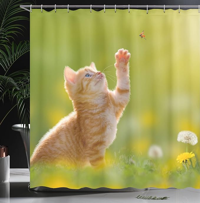 Ambesonne Cat Shower Curtain, Animal Theme Cat Hunting a Ladybug Nature Grass Dandelions Digital Print, Cloth Fabric Bathroom Decor Set with Hooks, 69" W x 70" L, Earth Yellow Pale Green