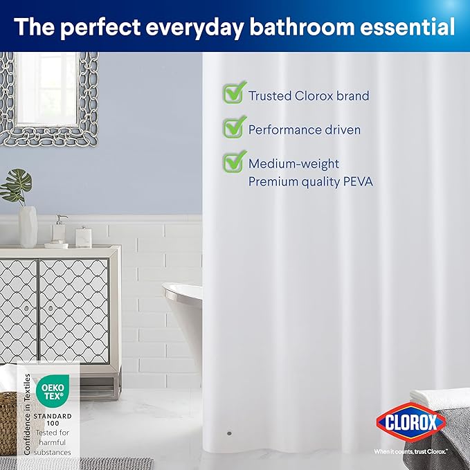 Clorox Shower Curtain Liner, Premium Lightweight Flexible Waterproof 6g PEVA for Bathroom with Weighted Magnets, Standard Size 72" x 72", White 1 Pack