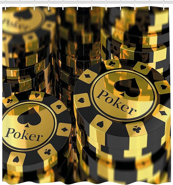Ambesonne Poker Tournament Shower Curtain, Yellow and Black Poker Chips in Gambling Club Currency Stack Wager Print, Cloth Fabric Bathroom Decor Set with Hooks, 69" W x 70" L, Yellow Black