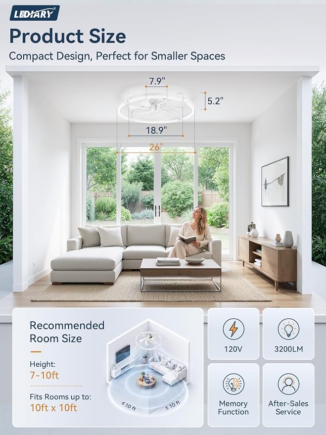 LEDIARY 26" Ceiling Fans with Lights and Remote, Low Profile,Large, White | 3000K-6000K Stepless Dimmable Fandelier, Reversible DC Motor, Remote and APP Control, Bedroom Kitchen Living Room Fan Light
