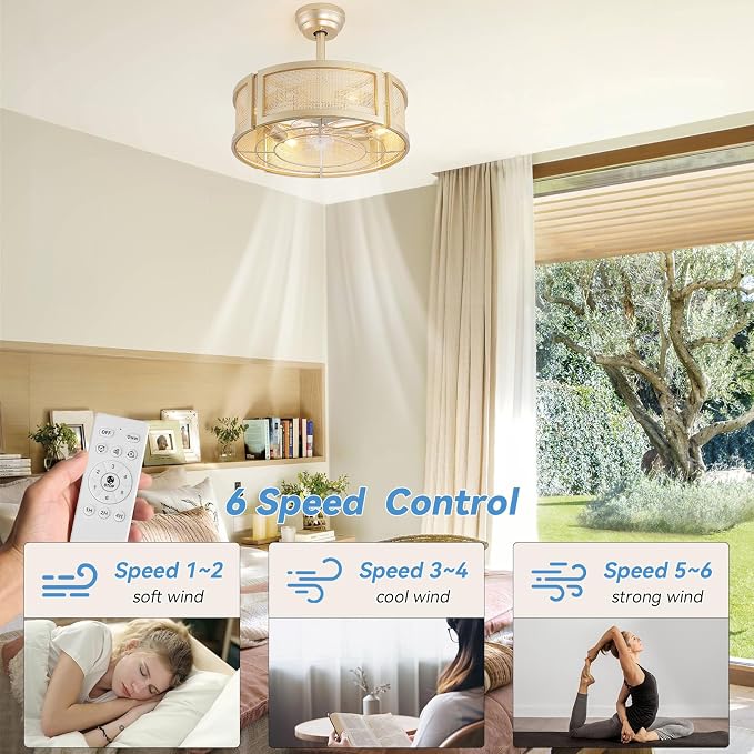 20" Boho Ceiling Fans with Lights, Rattan Fandelier Ceiling Fan with Light Remote Control with Caged 6 Speeds for Bedroom, Nursery, Living Room (Gold)
