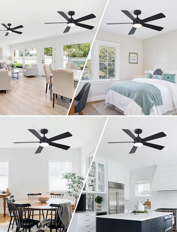 48 Inch Ceiling Fan with Lights and Remote, Downrod Mount, Sloped Ceiling Compatible up to 15°, Quiet Reversible DC Motor, 3CCT Dimmable LED, Black Ceiling Fan for Bedroom Living Room