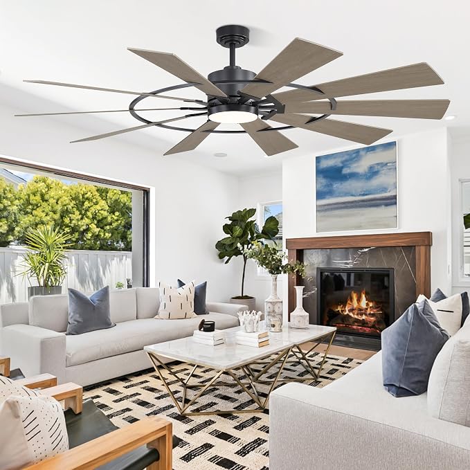 WINGBO 84" Windmill Ceiling Fan with Lights, 3 Downrod, 6-Speed Reversible DC Motor, 3CCT, 10 Blade Indoor Farmhouse DC Ceiling Fans for Kitchen Bedroom Living Room Patio, Matte Black and Grey