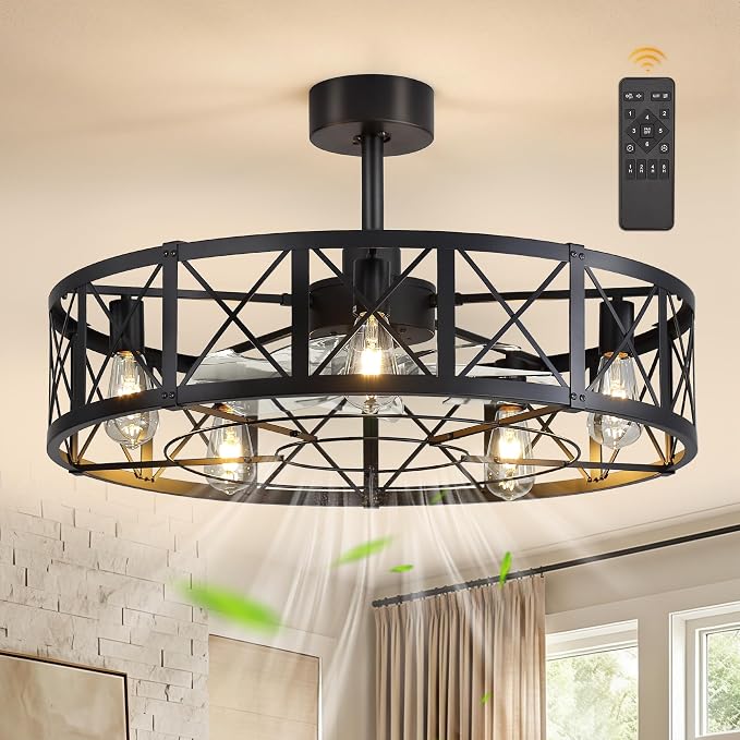 Fanbulous 30 Inch Fandelier Caged Ceiling Fans with Lights and Remote, Black Bladeless Ceiling Fan with 6 Speeds and Timing, Farmhouse Samll Fan Lights Ceiling Fixtures for Kitchen, Bedroom-Black