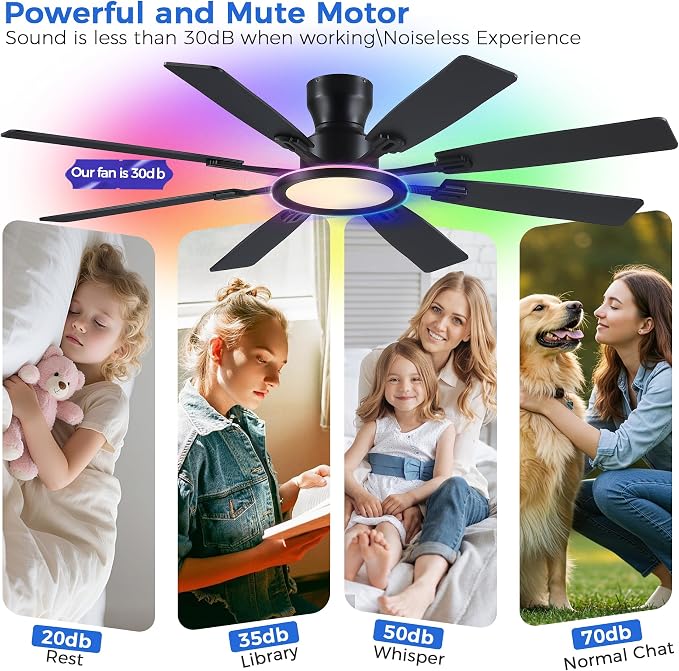 Ayaoty Ceiling Fans with Lights -60in Flush Mount Ceiling Fan with RGB Dimmable, 3CCT 6 Wind Speeds and Reversible Quiet Motor, Low Profile RGB Fan Light for Modern Indoor, Party - Black