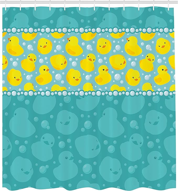 Ambesonne Rubber Duck Shower Curtain, Cartoon Style Duckies Swimming in Water Pattern Fun Bubbles Aqua Colors, Cloth Fabric Bathroom Decor Set with Hooks, 69" W x 75" L, Teal Blue