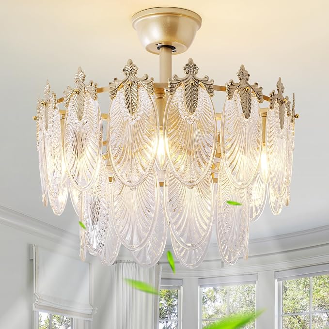 20" Gold Fandelier Ceiling Fan with Light, Gold Crystal Chandelier Ceiling Fans with Lights and Remote Control, Mid Century Enclosed Caged with 6 Speeds for Bedroom, Nursery, Living Room