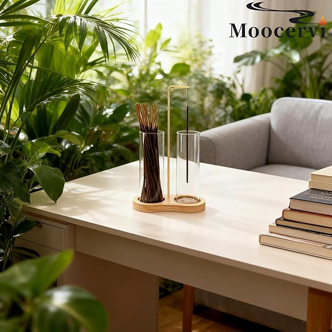 Incense Holder, Warm Minimalism Natural Incense Sticks Burner Holder with Storage,Hang Upside Down Incense Holder for Sticks with Glass Ash Catcher for Meditation Yoga Spa Room (Natural)