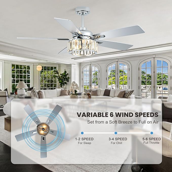 Dawn Whisper 52" Crystal Chandelier Ceiling Fans with Lights and Remote | Modern Design Quiet Reversible DC Motor 6 Speeds Timer for Living Room Bedroom