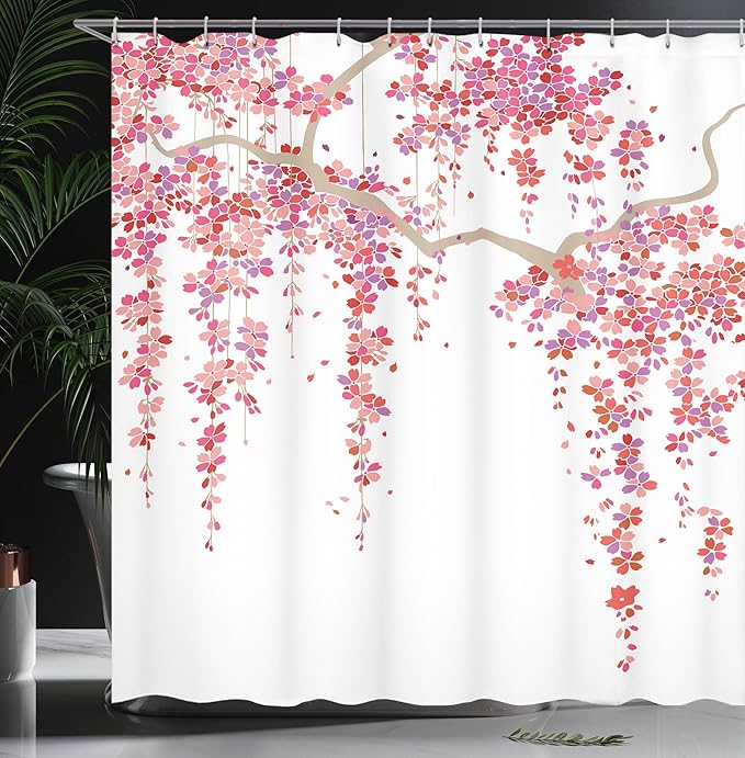Ambesonne Flower Shower Curtain, Cherry Blossom of Trees on a Branch Springtime of Happy Vacation Traveling Destinations Artwork, Cloth Fabric Bathroom Set with Hooks, 69" W x 75" L, Purple Cocoa