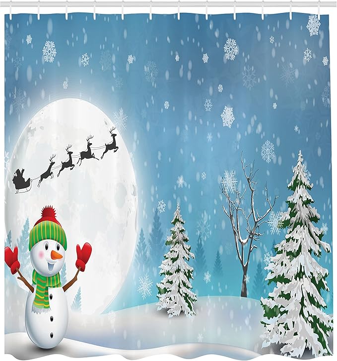 Ambesonne Christmas Shower Curtain, Jolly Snowman Under Full Moon Waving to Santa Claus with Reindeer Sleigh, Cloth Fabric Bathroom Decor Set with Hooks, 69" W x 70" L, Blue and White
