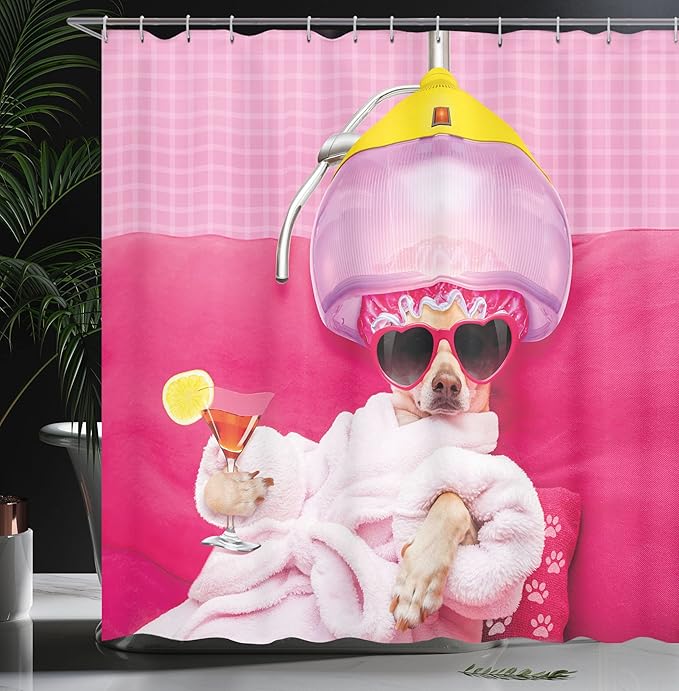 Ambesonne Funny Shower Curtain, Chihuahua Dog Relaxing and Lying in Wellness Spa Fashion Puppy Comic Print, Cloth Fabric Bathroom Decor Set with Hooks, 69" W x 75" L, Pink Magenta