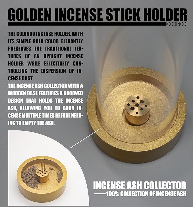 Glass Incense Holder for Sticks,Modern Incense Stick Holder with Ash Catcher[Anti ash Flying], Wooden Incense Burner Holder,Zen Glass Incense Holder,for Spa Home Decor Yoga Meditation[Golden]