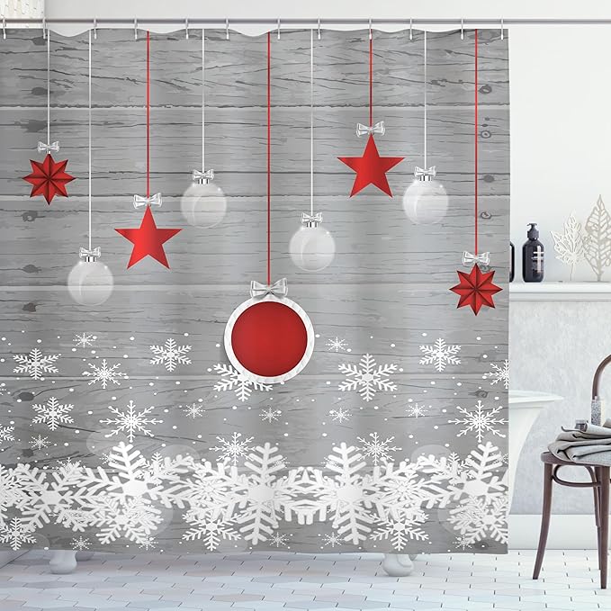 Ambesonne Christmas Shower Curtain, Traditional Celebration Theme Pendant Stars Baubles Ornate Snowflakes, Cloth Fabric Bathroom Decor Set with Hooks, 69" W x 75" L, Grey Red White
